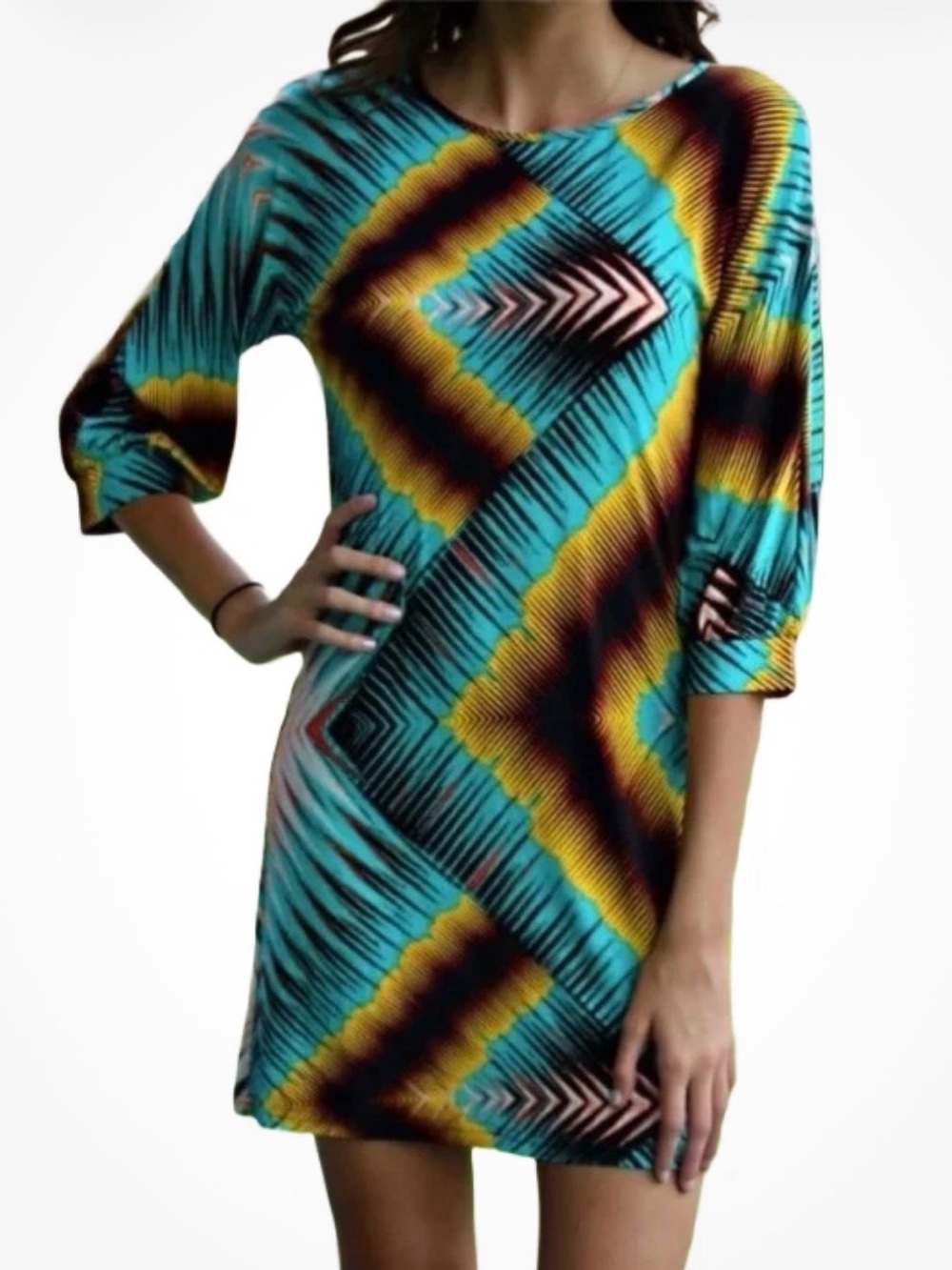 Uncle Frank Dress Geometric Print Dolman Sleeves Size M Artsy Pullover Stretch